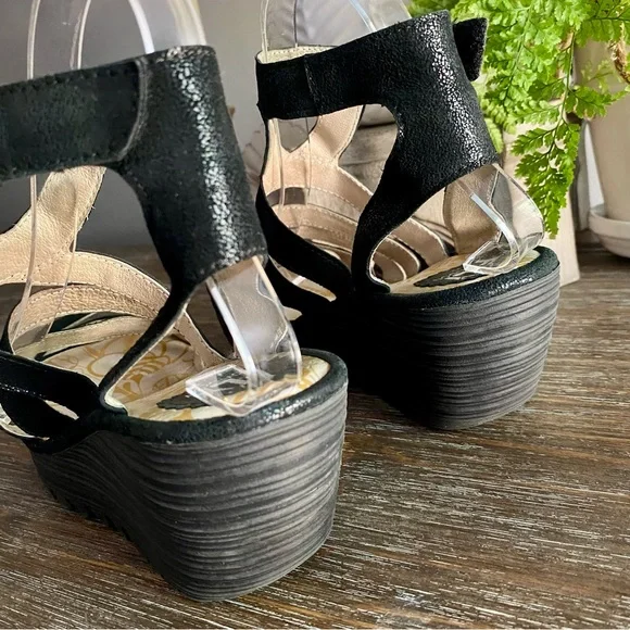 FLY LONDON Yeba Black Suede Ankle Strap Wedges Shoes Womens EU38 US 7.5 - 8 - Picture 7 of 13